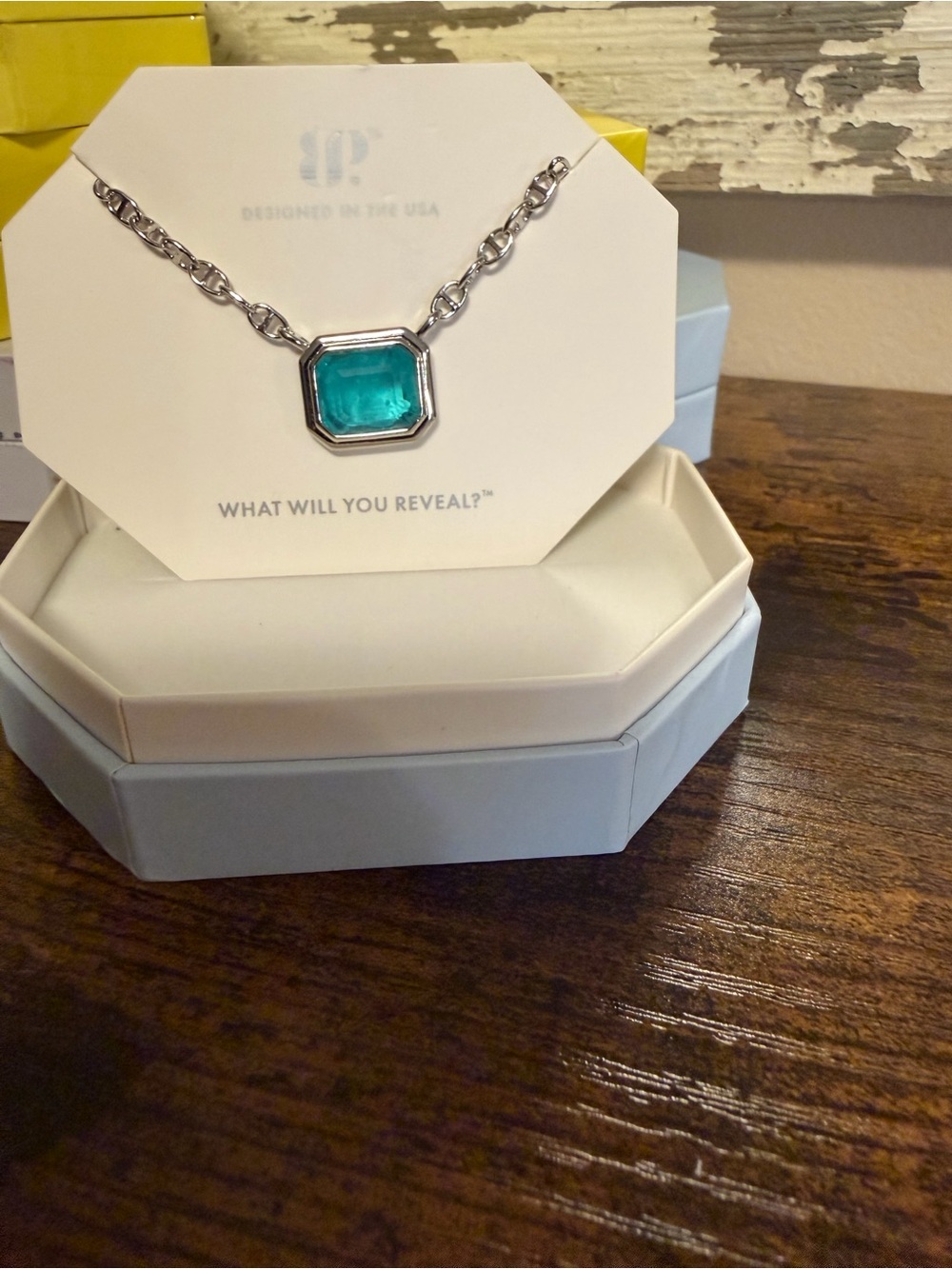 Bomb Party Silver Necklace with Teal Octagon Glass Pendant